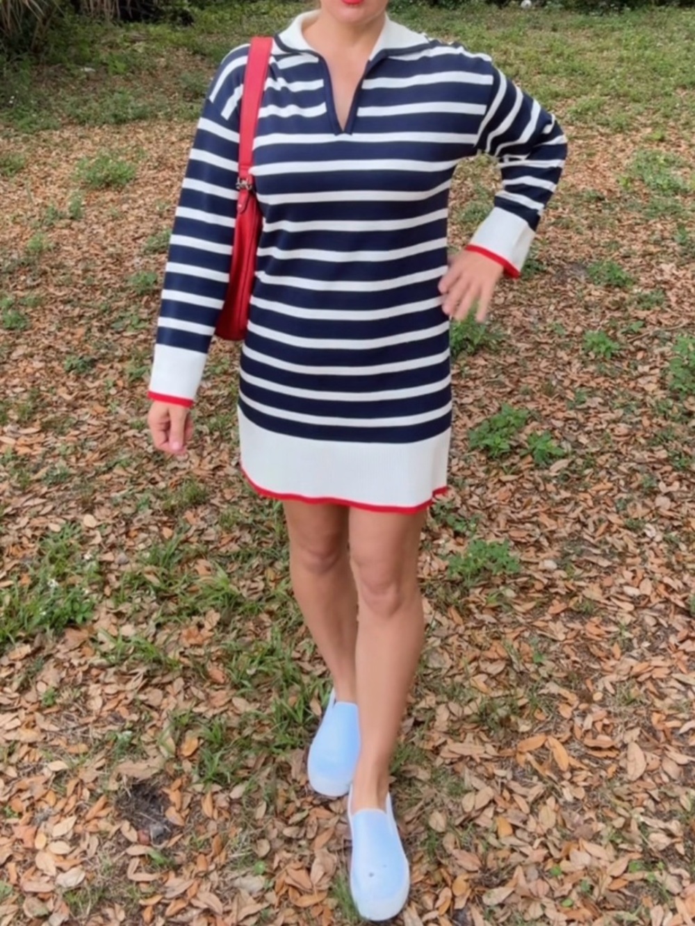 Navy & White Striped Knit Polo Dress with Red Accents - Picture 5 of 5